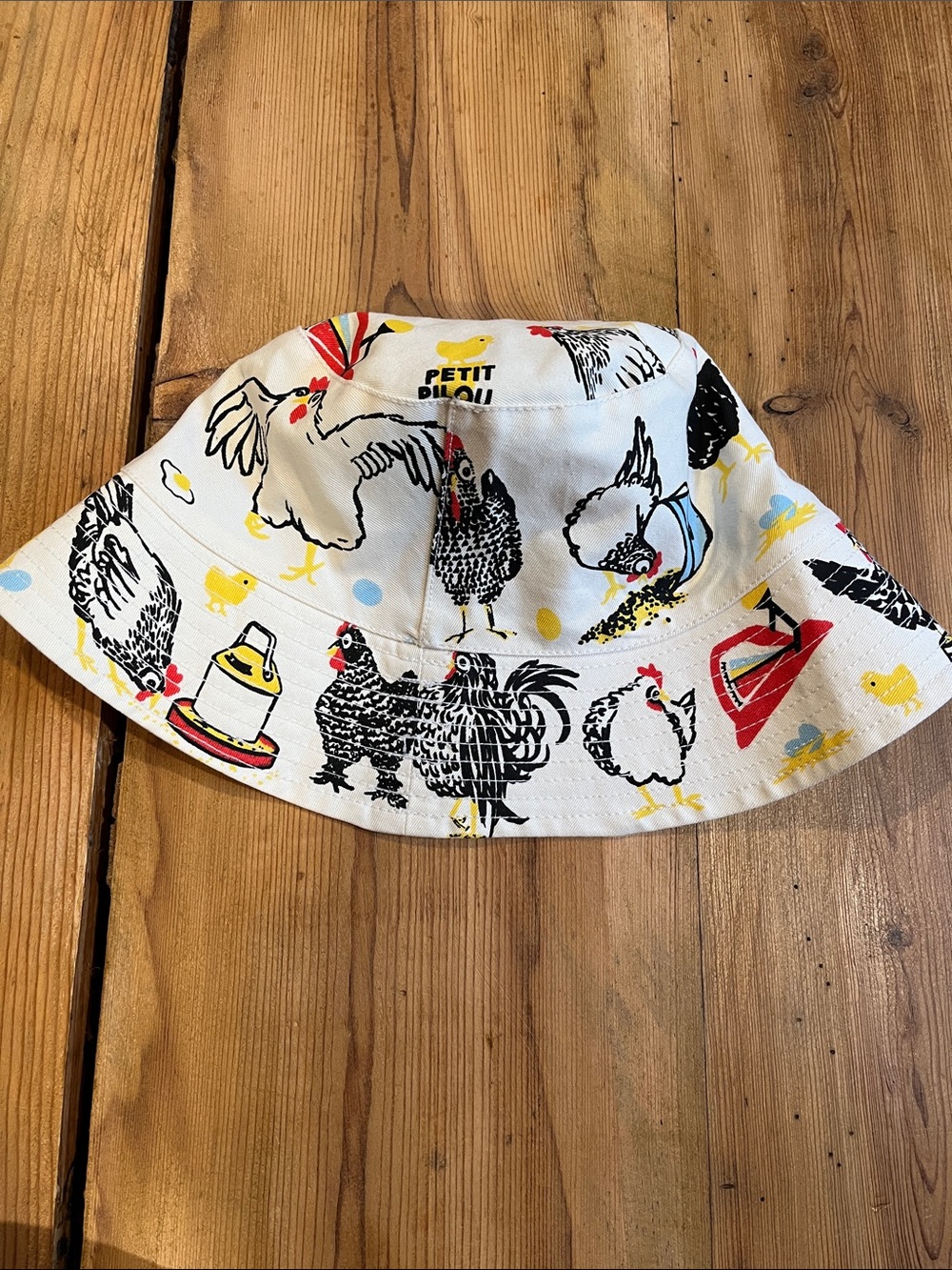 PETIT PILOU Kids White Chicken Printed Bucket Hat 100% Cotton